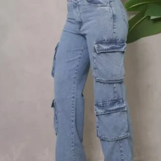 Calça Cargo Jeans Wide Leg 4 Bolsos