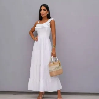 Vestido Longo Elegante Feminino De Algodão Manga Ombro Único