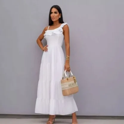 Vestido Longo Elegante Feminino De Algodão Manga Ombro Único