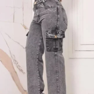 calça jeans cargo grafite feminina