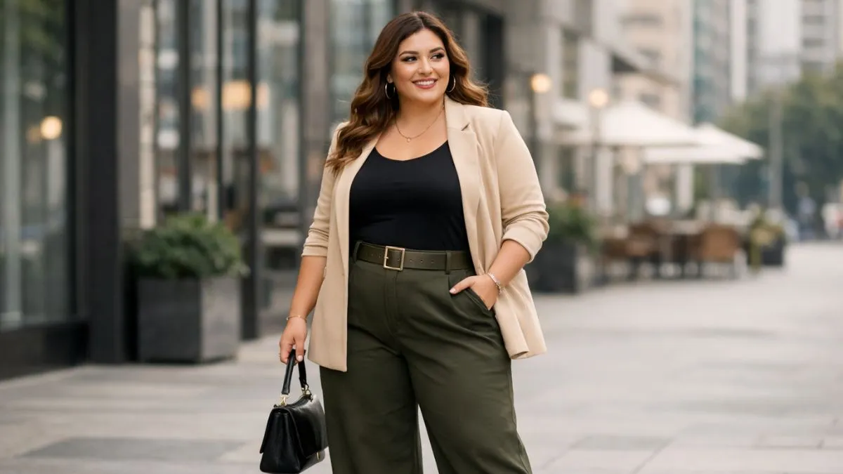 Look com peças essenciais da moda plus size 2026 com calça cintura alta e blazer estruturado